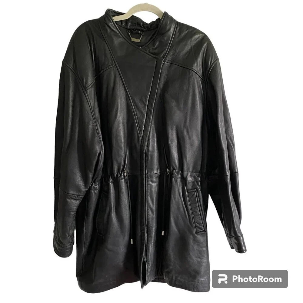 DANIER Oversized Long Black Cinched Waist Authentic Leather Jacket  Coat Size L